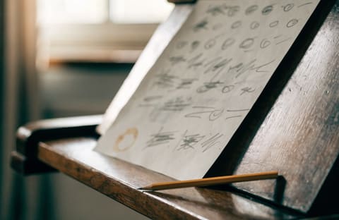 A pencil-marked chord chart on a piano's music stand
